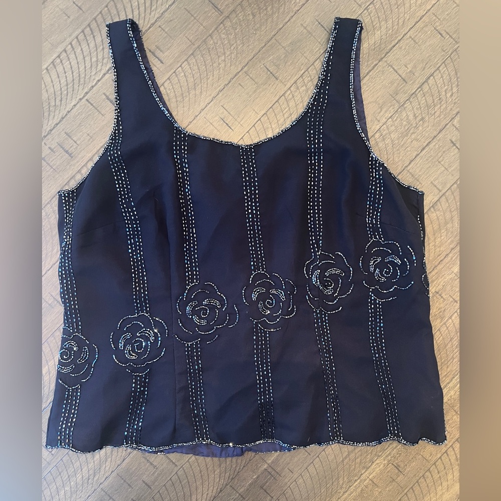 Vintage JMD New York Navy Beaded Tank Top with Floral design